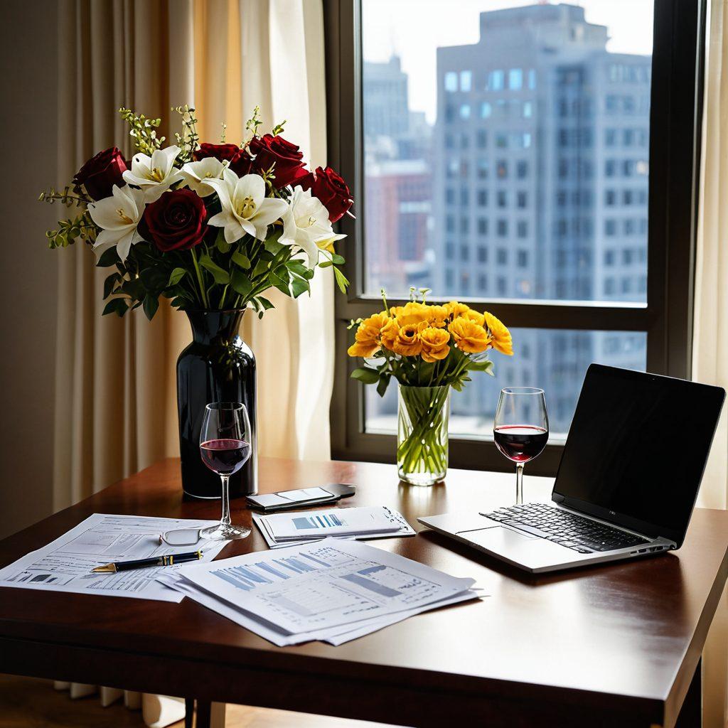 A luxurious desk adorned with elegant financial documents, a sleek laptop displaying colorful graphs, and a glass of fine wine beside a vase of fresh flowers. Soft afternoon light filters through a large window, casting warm shadows. Reflections of wealth and sophistication in the decor complement an analytical atmosphere. Artful blend of classic elegance and modern analysis. super-realistic. warm tones. soft focus.