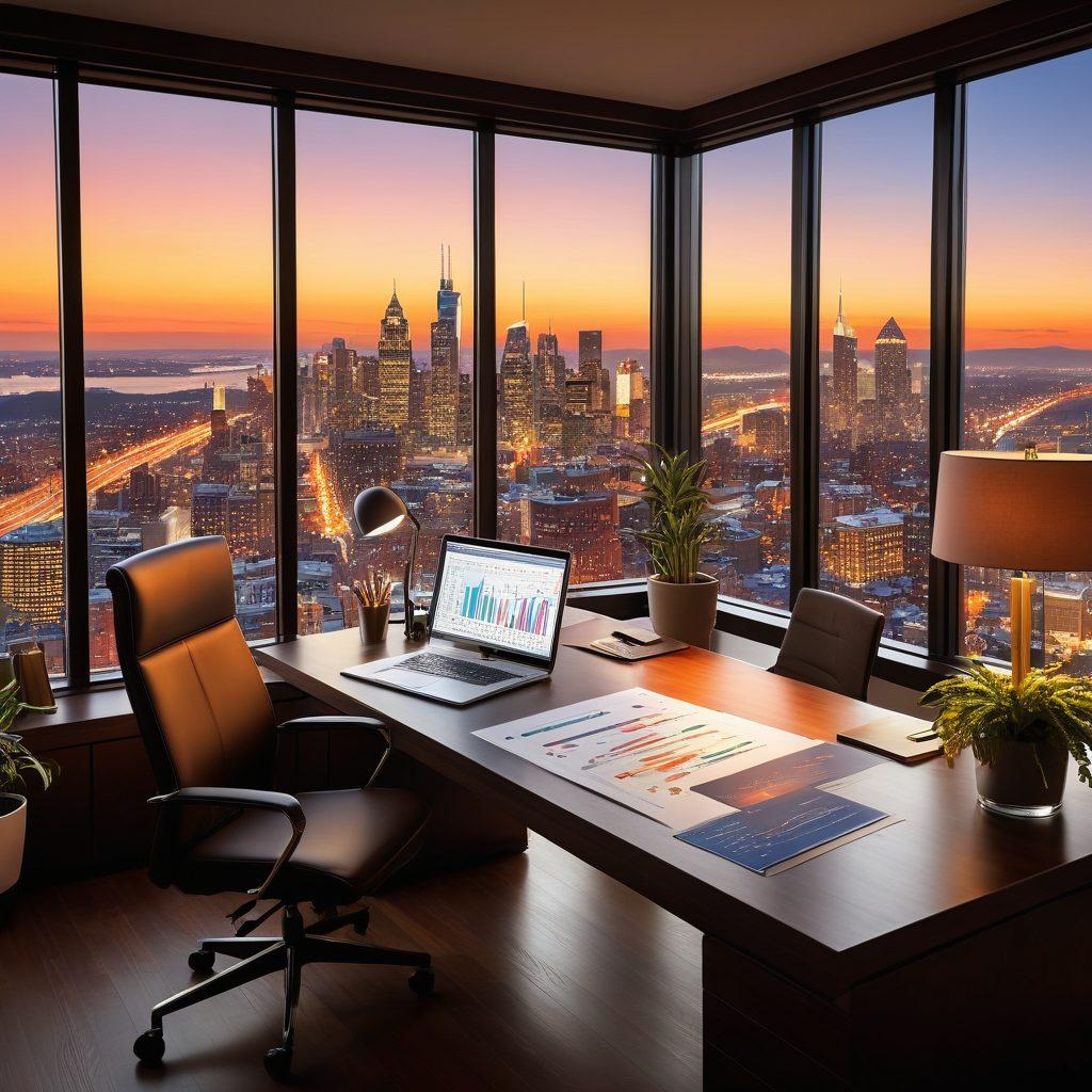 A sophisticated financial analyst in a stylish office with elegant decor, surrounded by charts and graphs displaying upward trends. Soft lighting enhances the ambiance while a large window reveals a vibrant city skyline. Elegant currency symbols subtly integrated into the background. The analyst appears focused and confident, illustrating the fusion of charm and strategy in investment insights. super-realistic. vibrant colors. modern design.