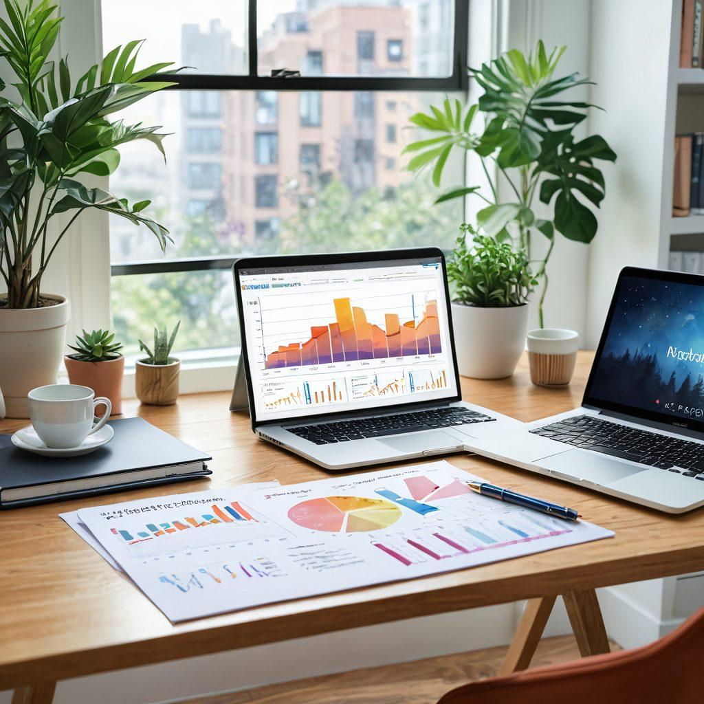 A beautifully crafted financial planner open on a stylish desk, featuring colorful graphs and templates, surrounded by elegant stationery and a laptop displaying a sophisticated forecasting tool. An elegant plant beside it adds a touch of nature, while soft, natural lighting enhances the atmosphere of productivity and success. watercolor illustration. vibrant colors. soft focus.